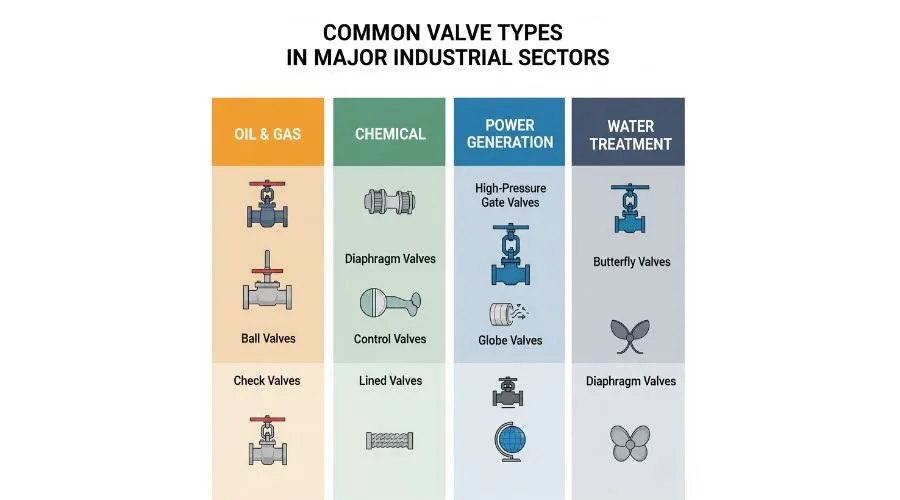 Infographic of common valve types used in major industrial sectors.