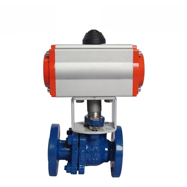 Complete view of pneumatic fluorine-lined flanged ball valve showing actuator, body, and flanges