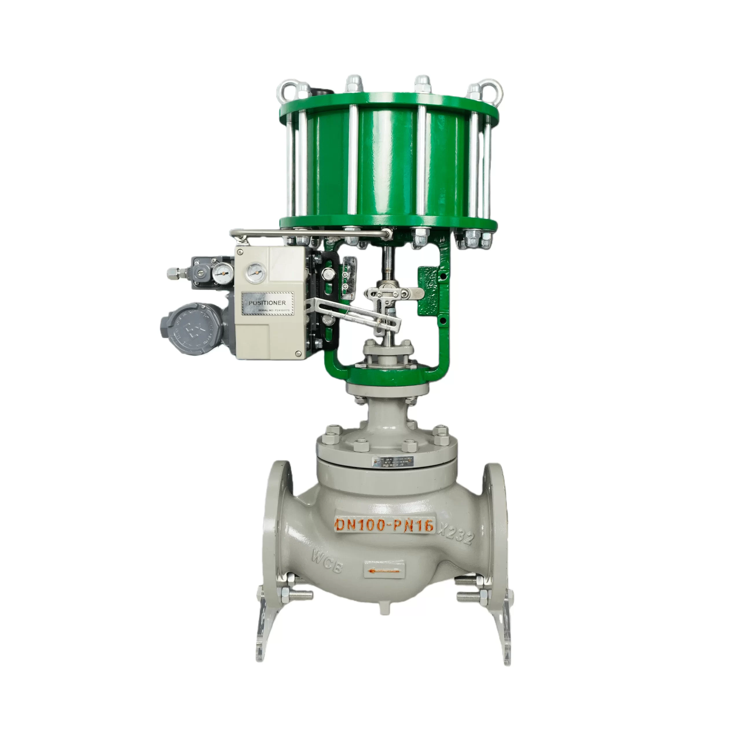 Side view of ZJHM double-acting pneumatic control globe valve with positioner