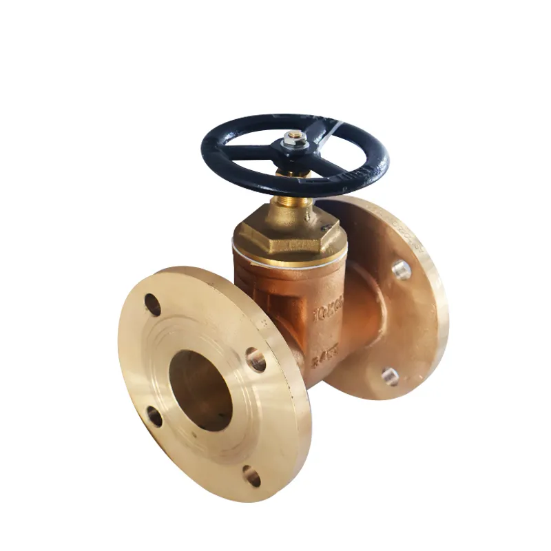 Left side view of marine aluminum bronze flanged gate valve showing valve profile and corrosion-resistant design