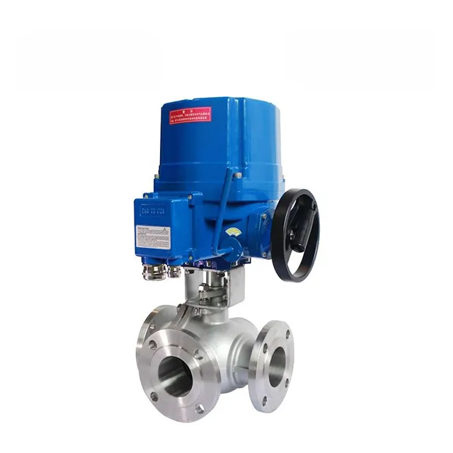 Left side view of QT-DK55-TF explosion-proof stainless steel 3-way flanged electric ball valve showing valve orientation and actuator