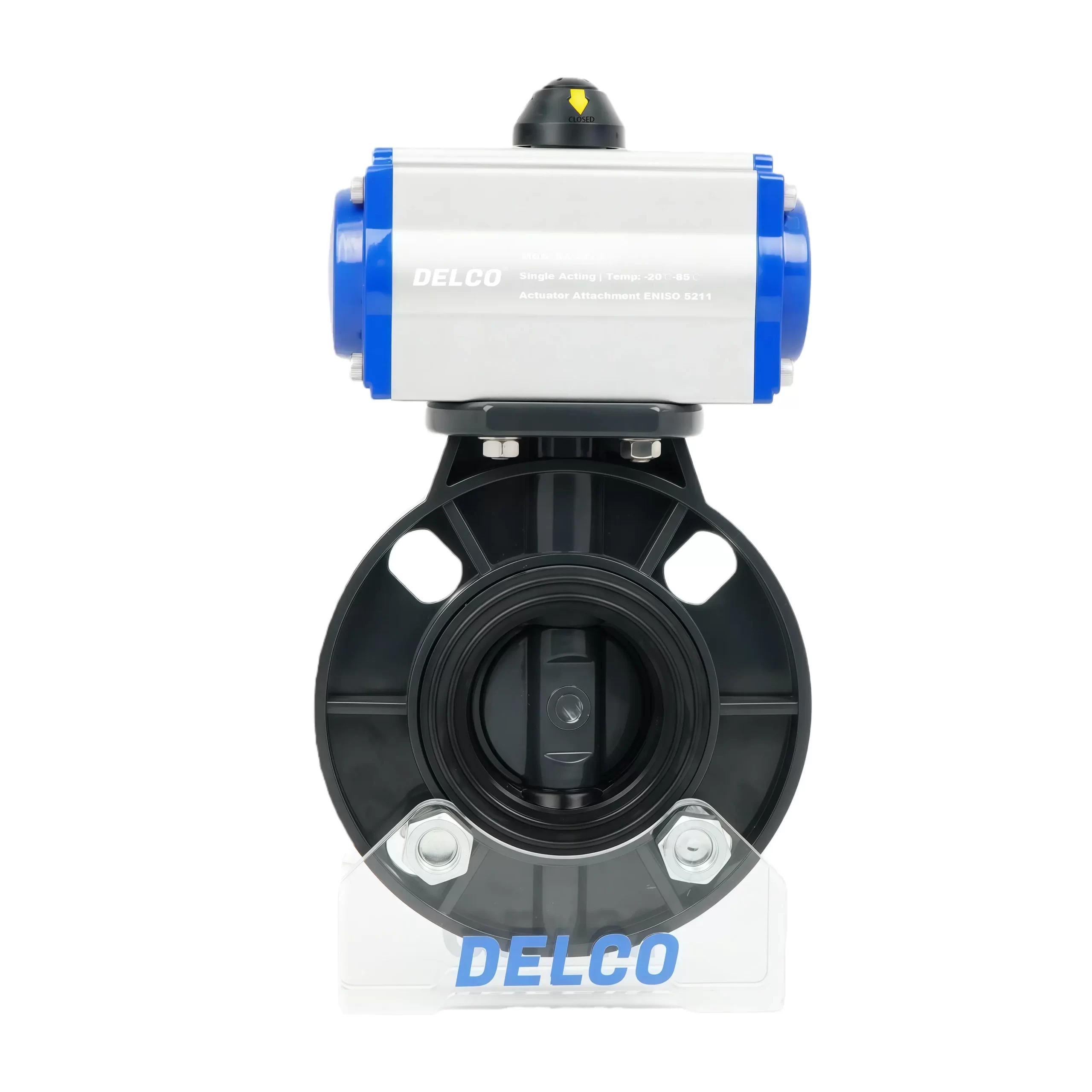 Rear view of a pneumatic UPVC wafer butterfly valve, displaying the actuator and mounting details.