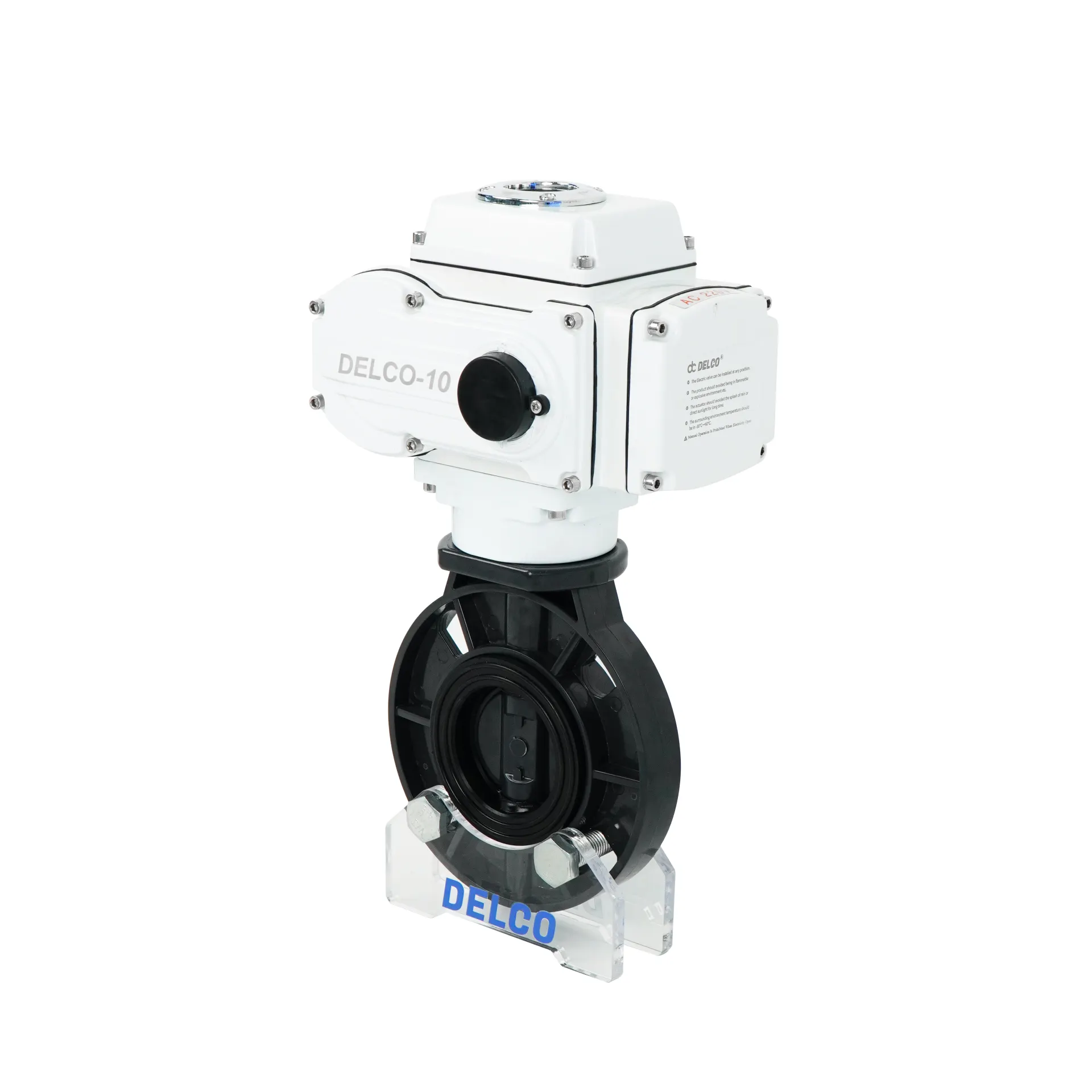 Right side view of the DK56-PB electric UPVC butterfly valve showing actuator connection and valve body details.