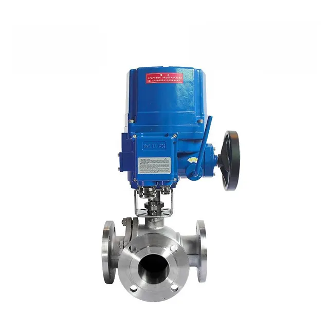 Rear view of QT-DK55-TF explosion-proof stainless steel 3-way flanged electric ball valve showing actuator back and flange connections