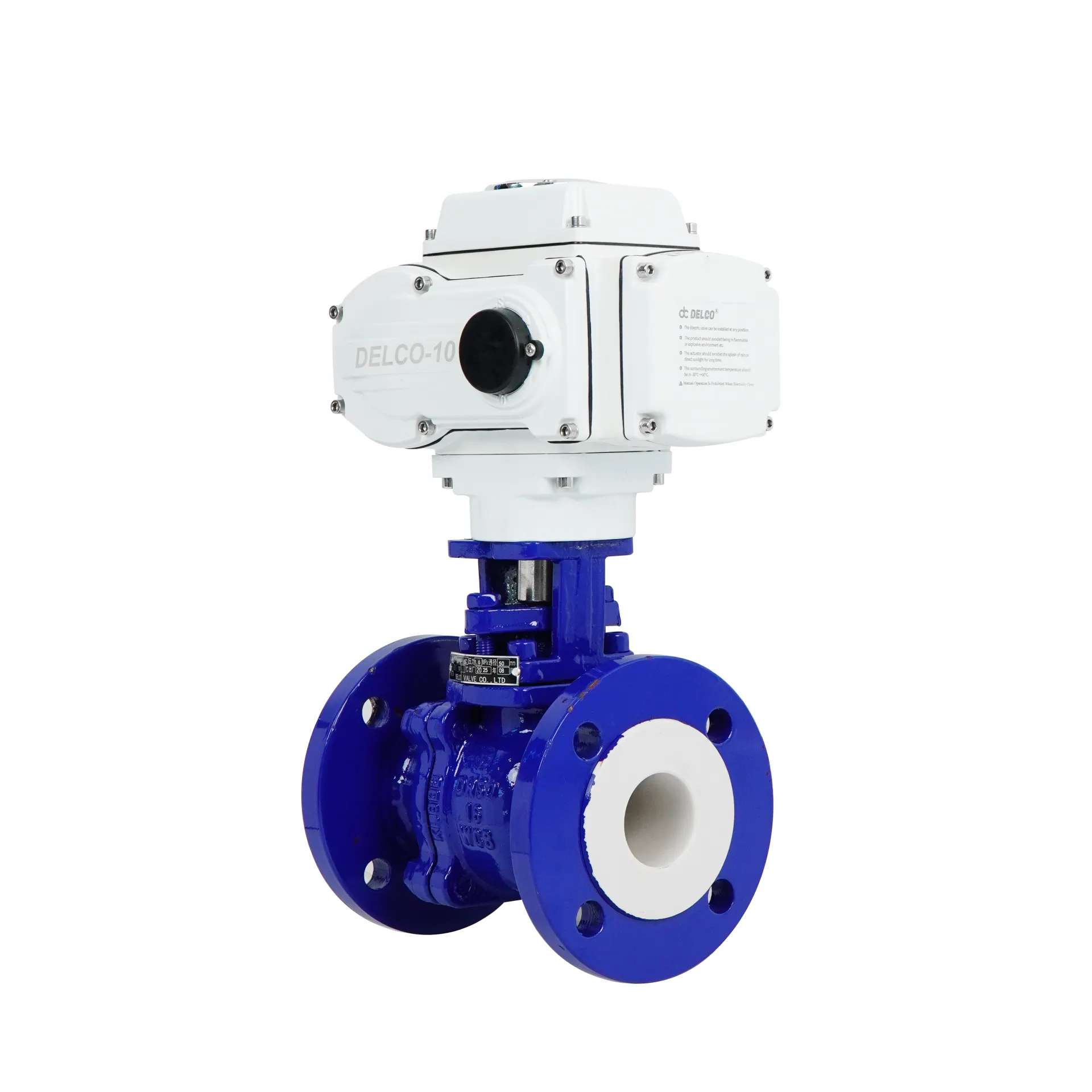 Electric Cast Steel PTFE-Lined Corrosion-Resistant Two-Way Flanged Ball Valve Left Side View