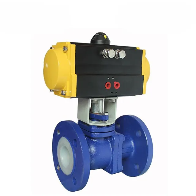 Close-up of pneumatic actuator mounted on PTFE-lined flanged ball valve