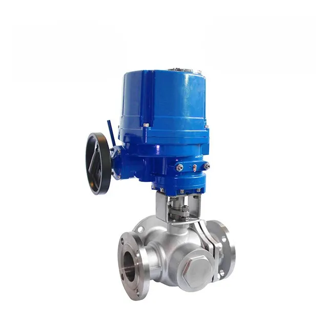 Right side view of QT-DK55-TF explosion-proof stainless steel 3-way flanged electric ball valve highlighting actuator and flow direction