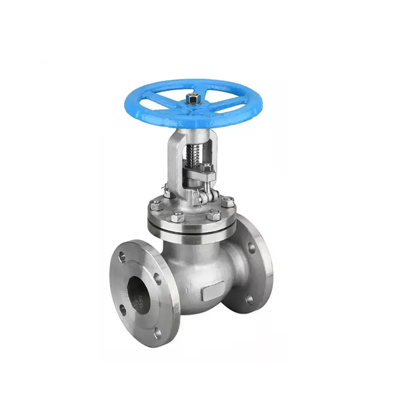 Side view of manual stainless steel flanged globe valve with handwheel and flow direction design