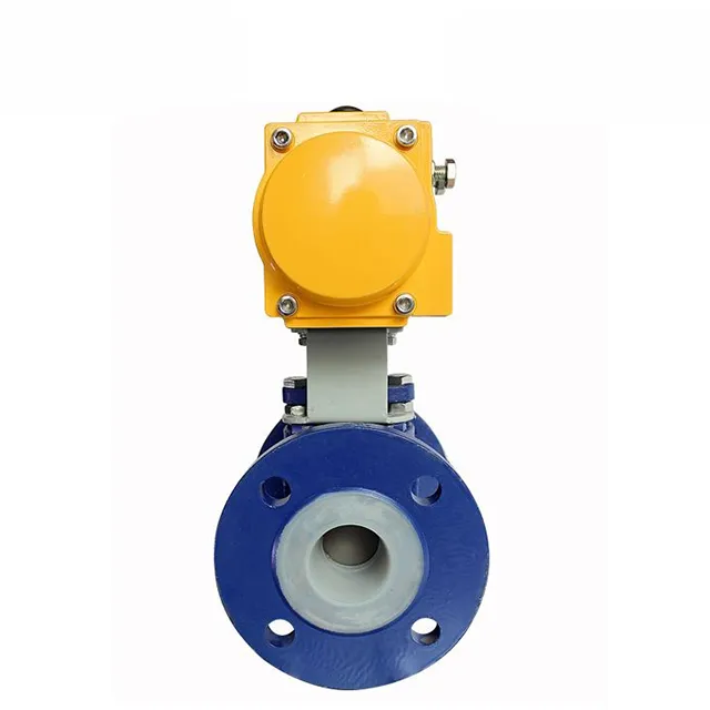 Close-up of flanged connection on pneumatic PTFE-lined ball valve with corrosion-resistant finish