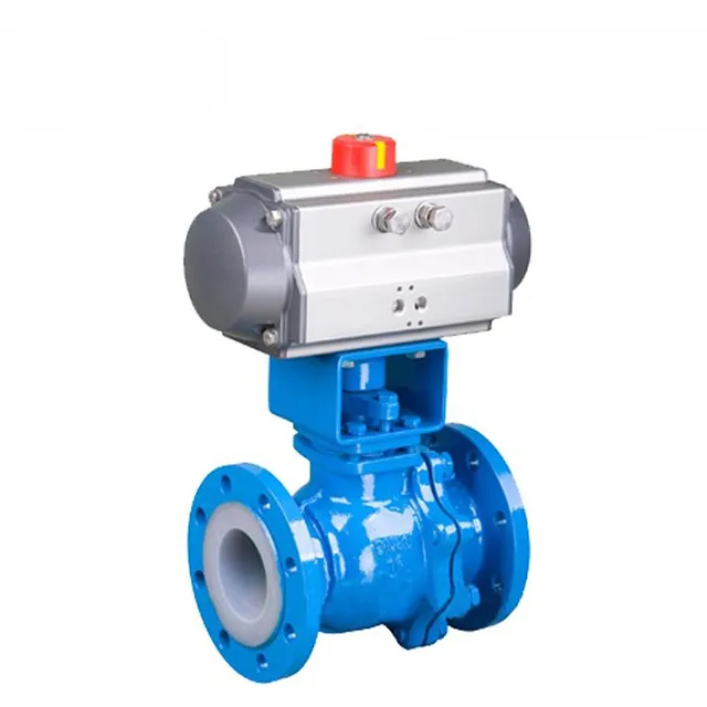 45-degree angle view of pneumatic PTFE-lined flanged ball valve showing full assembly