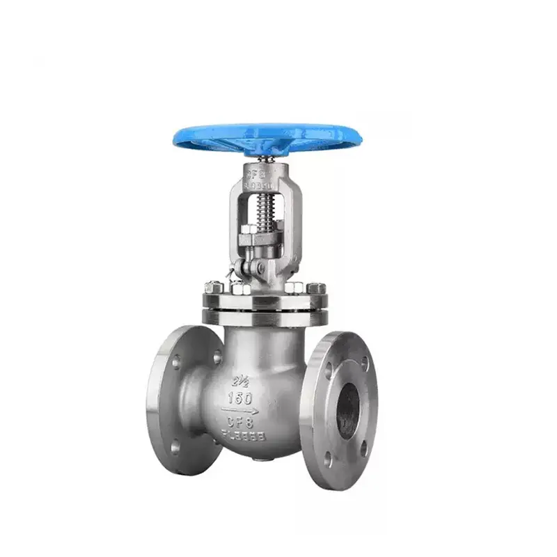Body detail of manual stainless steel globe valve showing valve marking and construction