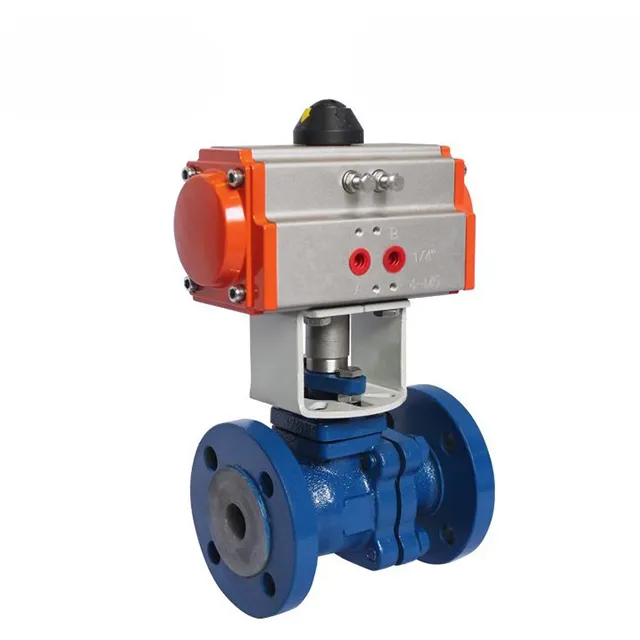 Side view of pneumatic fluorine-lined flanged ball valve showing actuator and valve profile