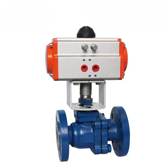 Valvola a sfera flangiata pneumatica con rivestimento in fluoro, vista frontale con attuatore e corpo rivestito in PTFE.