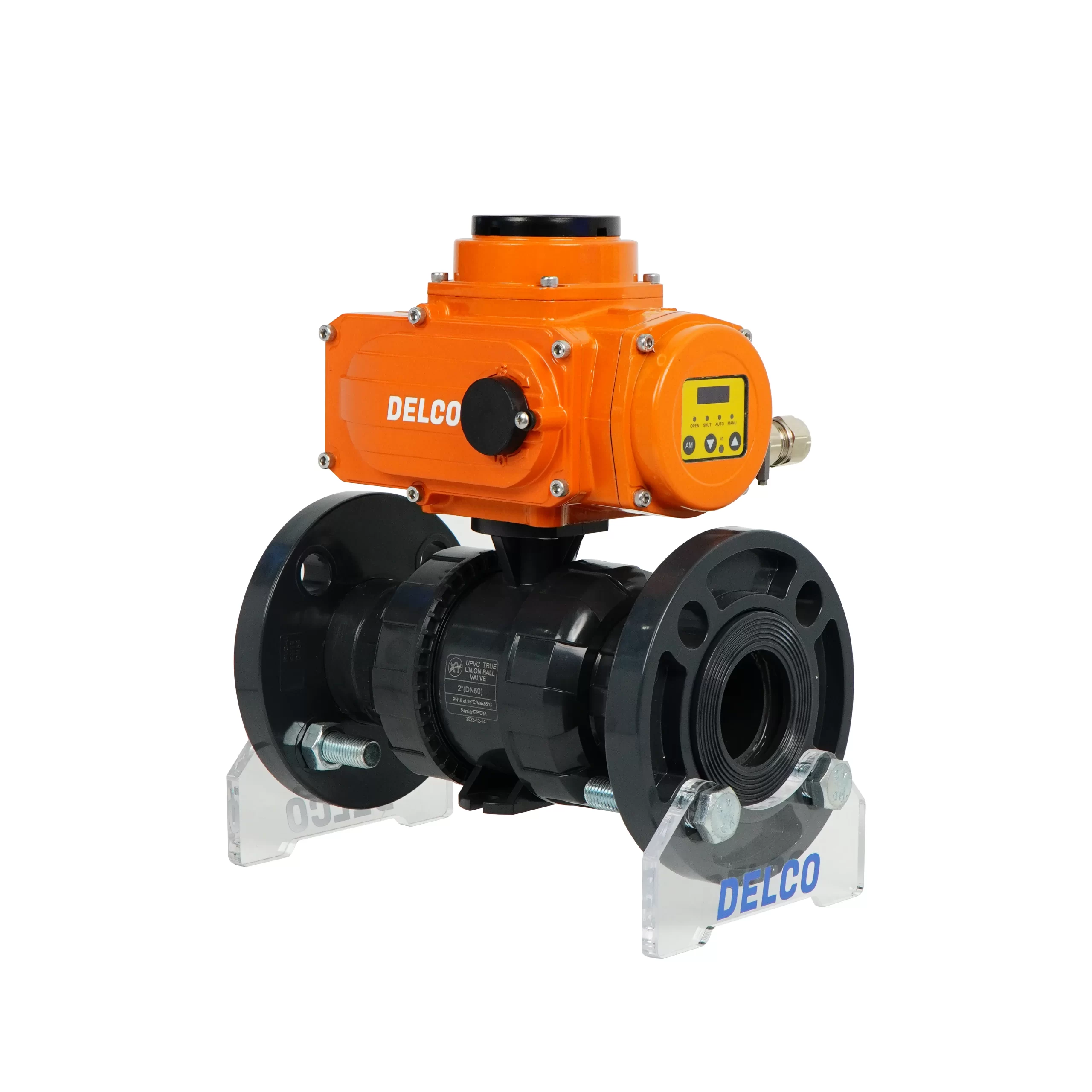 IP67-DK55-PVF Electric Two-Way Double Union Plastic Flanged Ball Valve 2