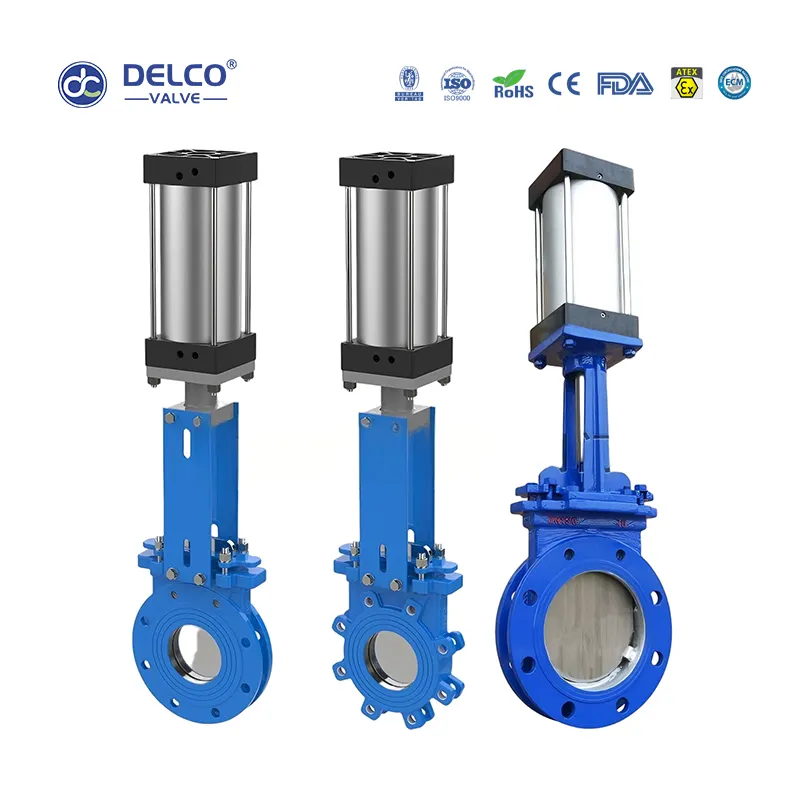 Delco pneumatic knife gate valve with double-acting actuator for industrial flow control