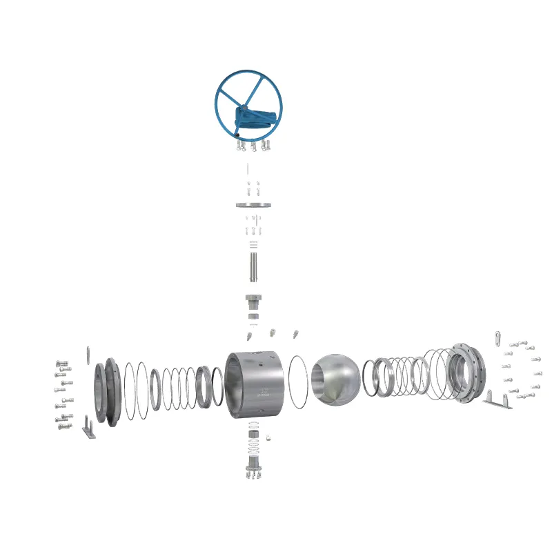 Exploded view of a three-piece forged steel ball valve-